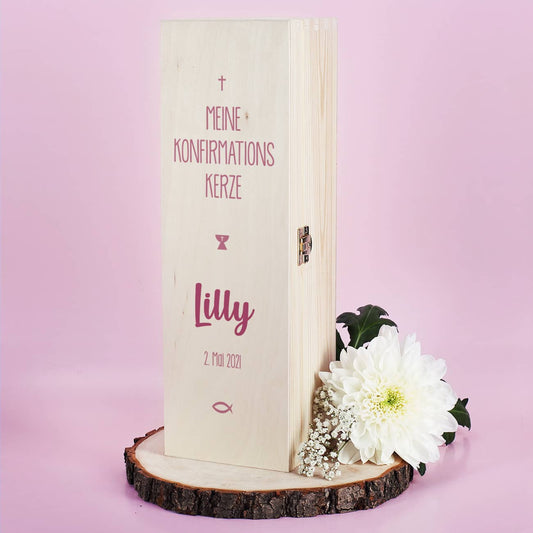 Kerzenbox zur Konfirmation - mit Name und Datum in rosé