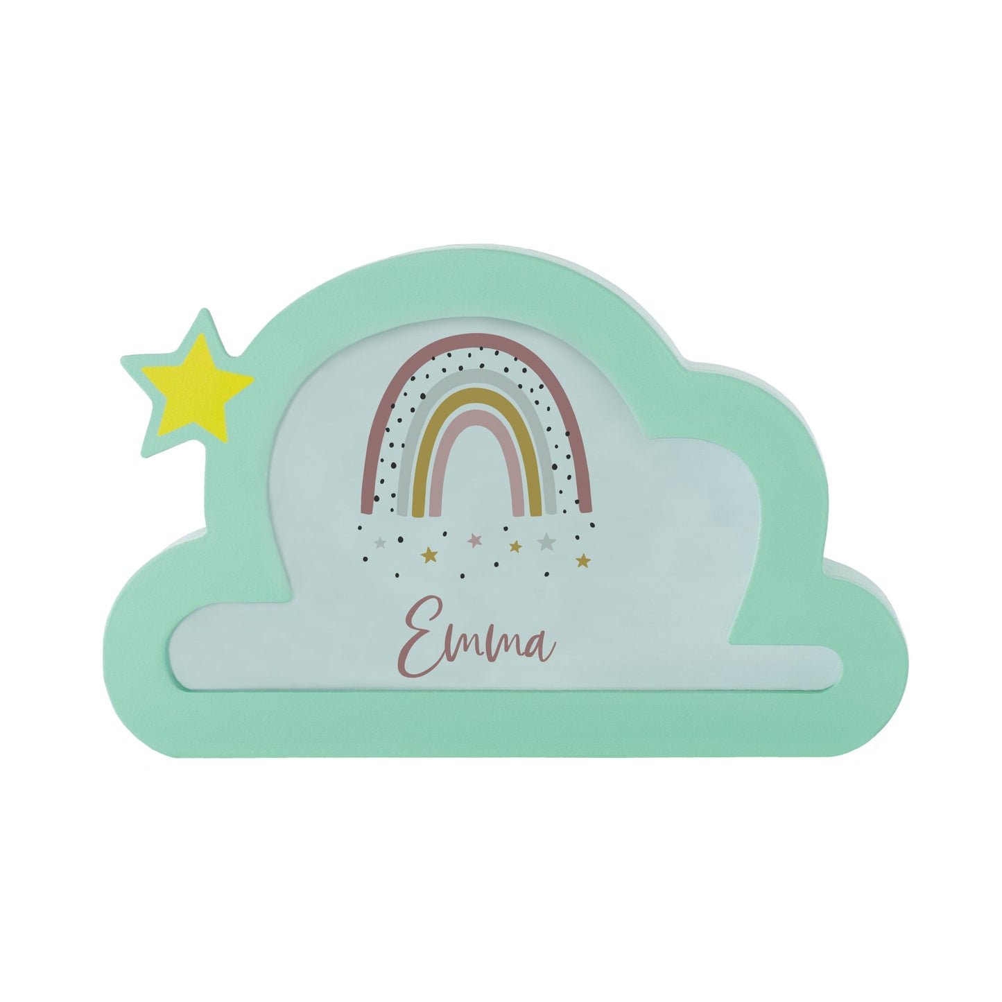 Wolken-Spardose in Mint mit personalisiertem Namen und Regenbogenmotiv, perfekt für die ersten Sparversuche