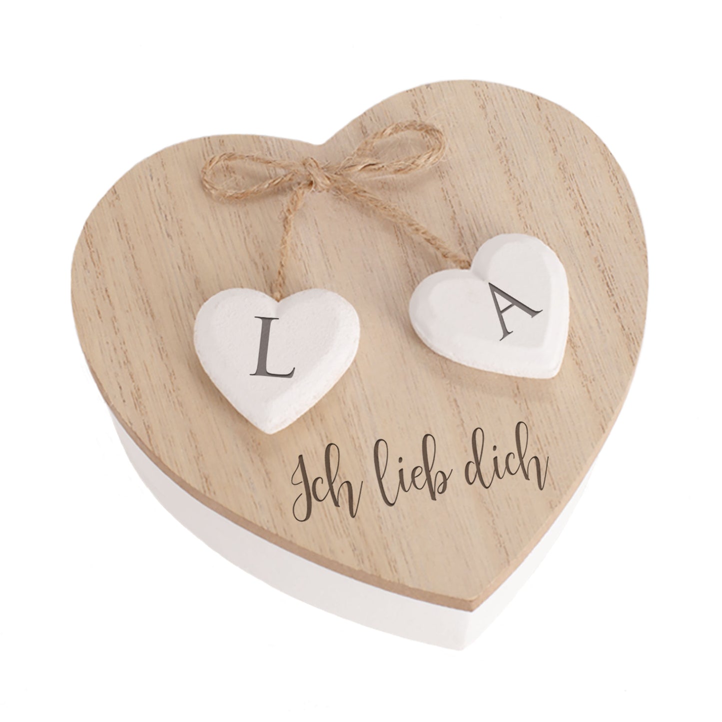 Personalisierte Herzdose aus Holz zur Hochzeit mit Wunschtext und Initialen