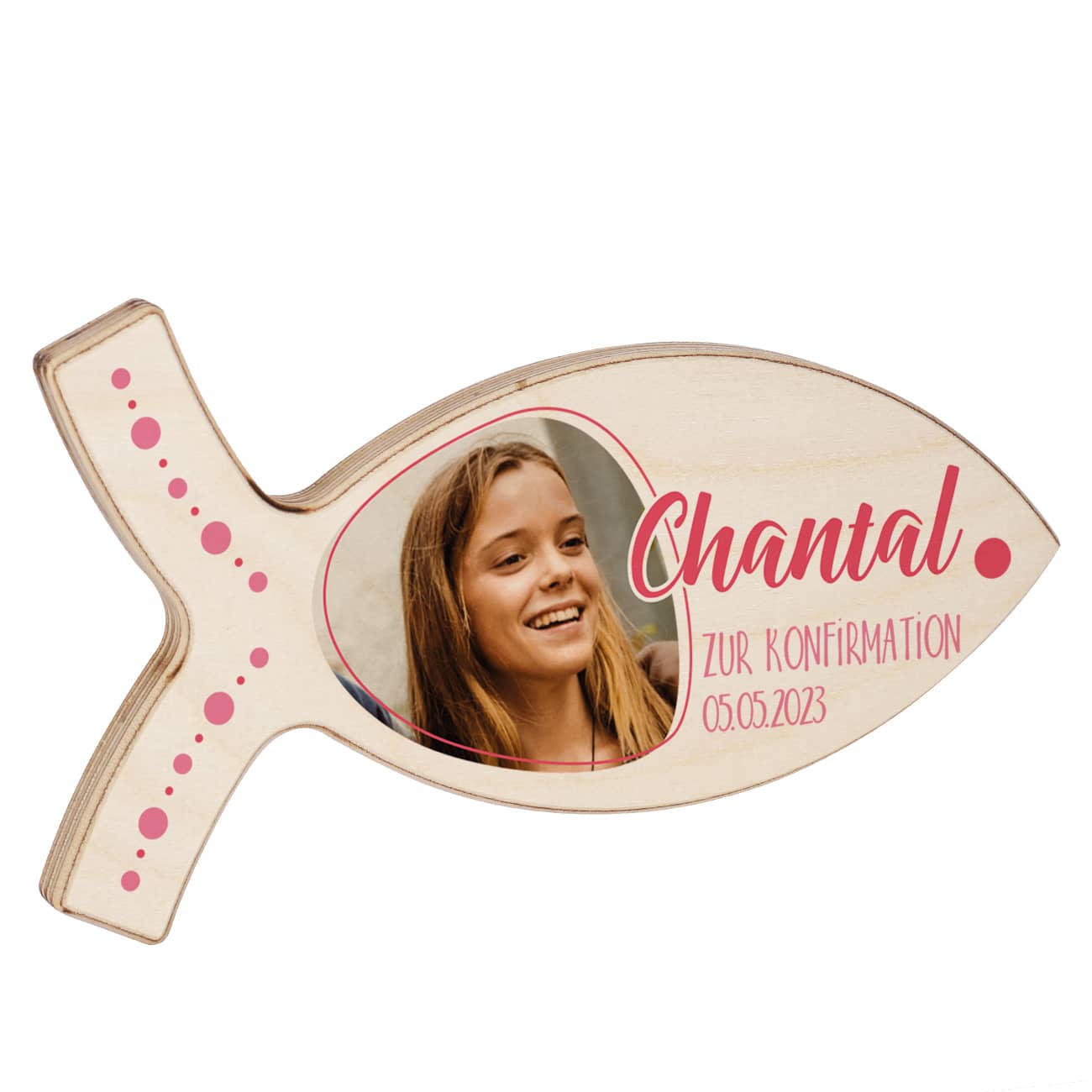 Persönlicher Fisch aus Holz mit Foto, Name und Wunschtext in rosa
