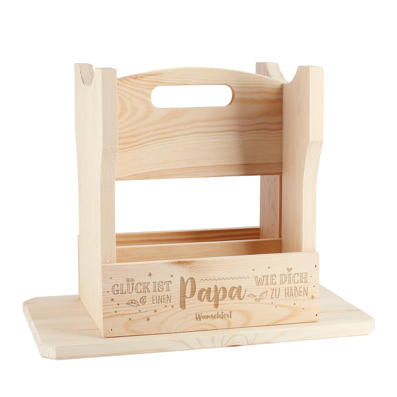 Beidseitige Gravur auf Flaschenträger-Hocker für Väter zum Vatertag