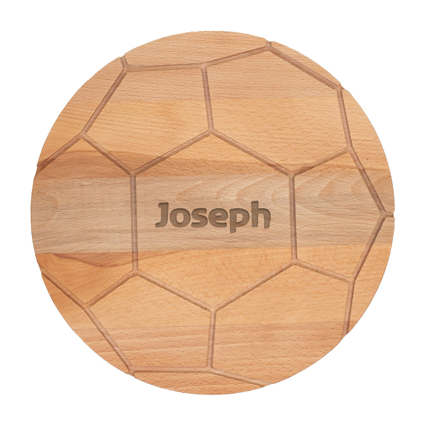 Produktfoto des runden Buchenholz-Fußballbretts mit Gravur Joseph auf weißem Hintergrund