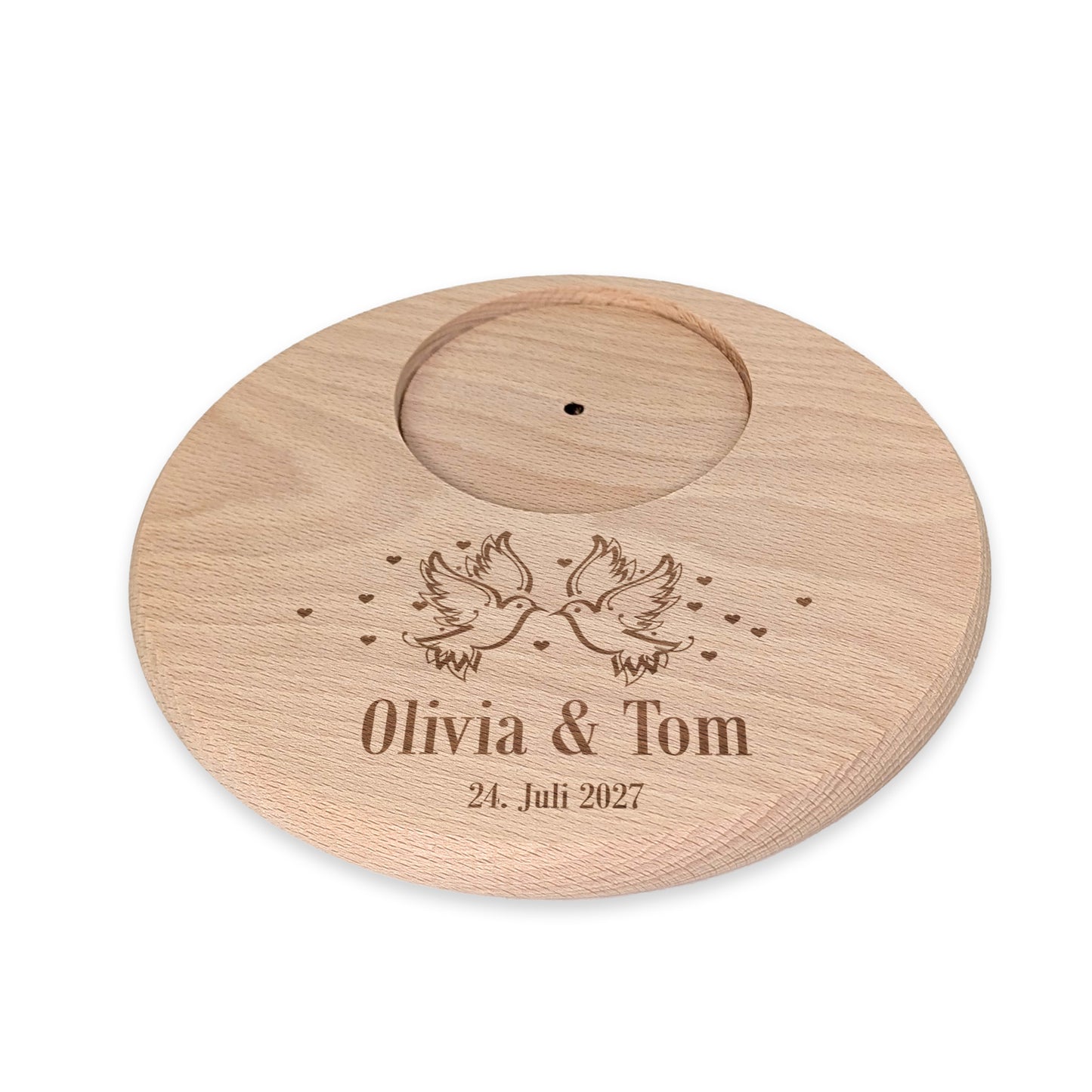 Freigestellter Kerzenteller mit Taubenmotiv – personalisiert mit „Olivia & Tom“, ohne Kerze