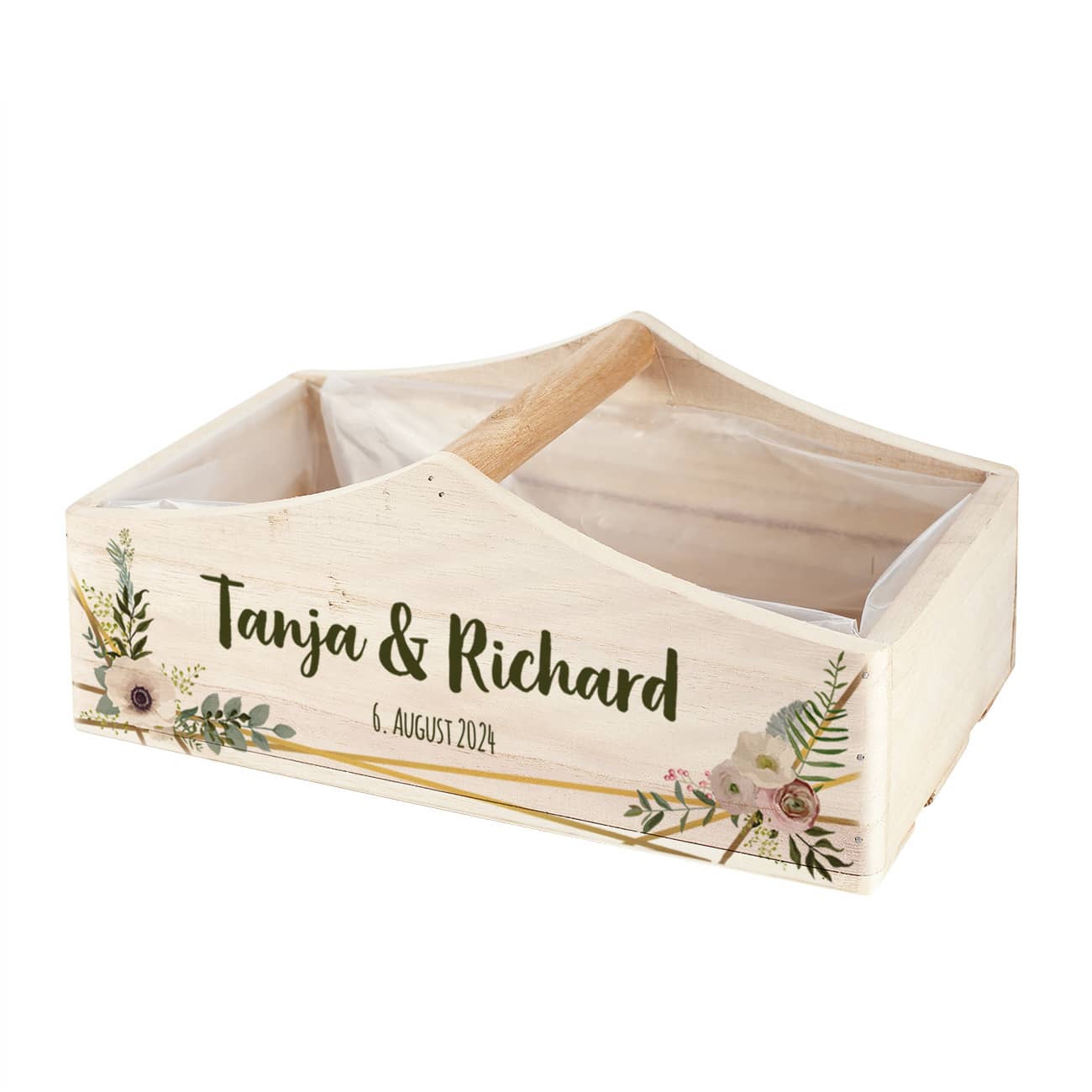 Geschenkkorb zur Hochzeit mit Namen, Datum & Blüten