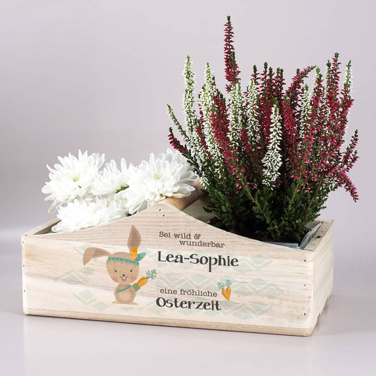 Holzkiste zum bepflanzen oder für Ostergeschenke mit niedlichem Osterhasenmotiv