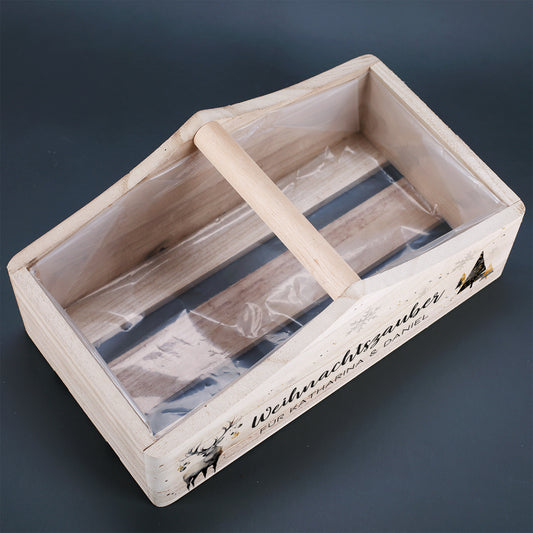 Innenansicht der weihnachtlichen Holzkiste mit Tragegriff und Folienauskleidung