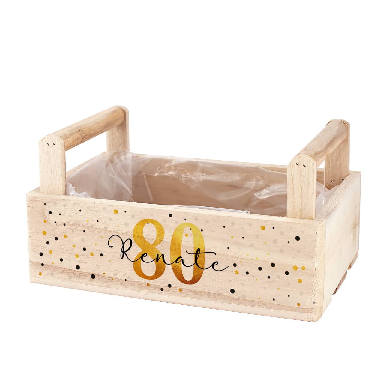 Holzkorb mit zwei Griffen, Ihrem Wunschalter und einem Namen Ihrer Wahl