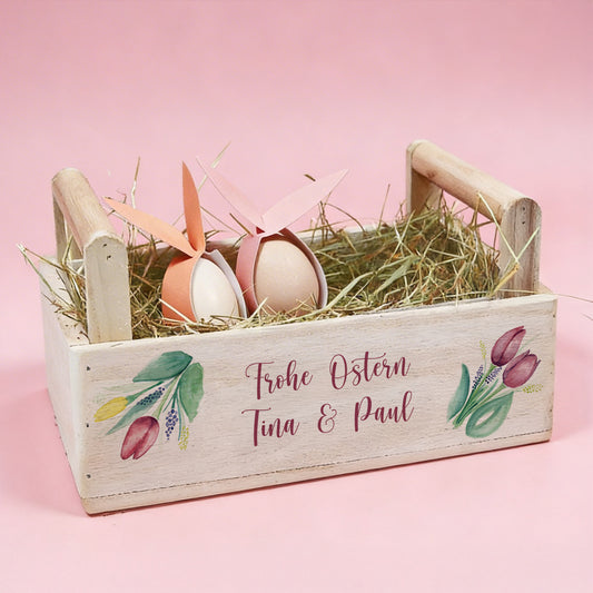Osternest-Holzkiste mit 2 Griffen und Ihrem Text bedruckt