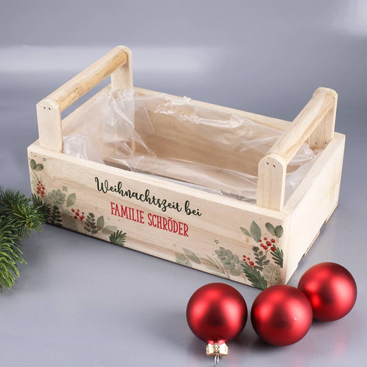 Weihnachtliche Holzkiste mit Wunschtext bedruckt