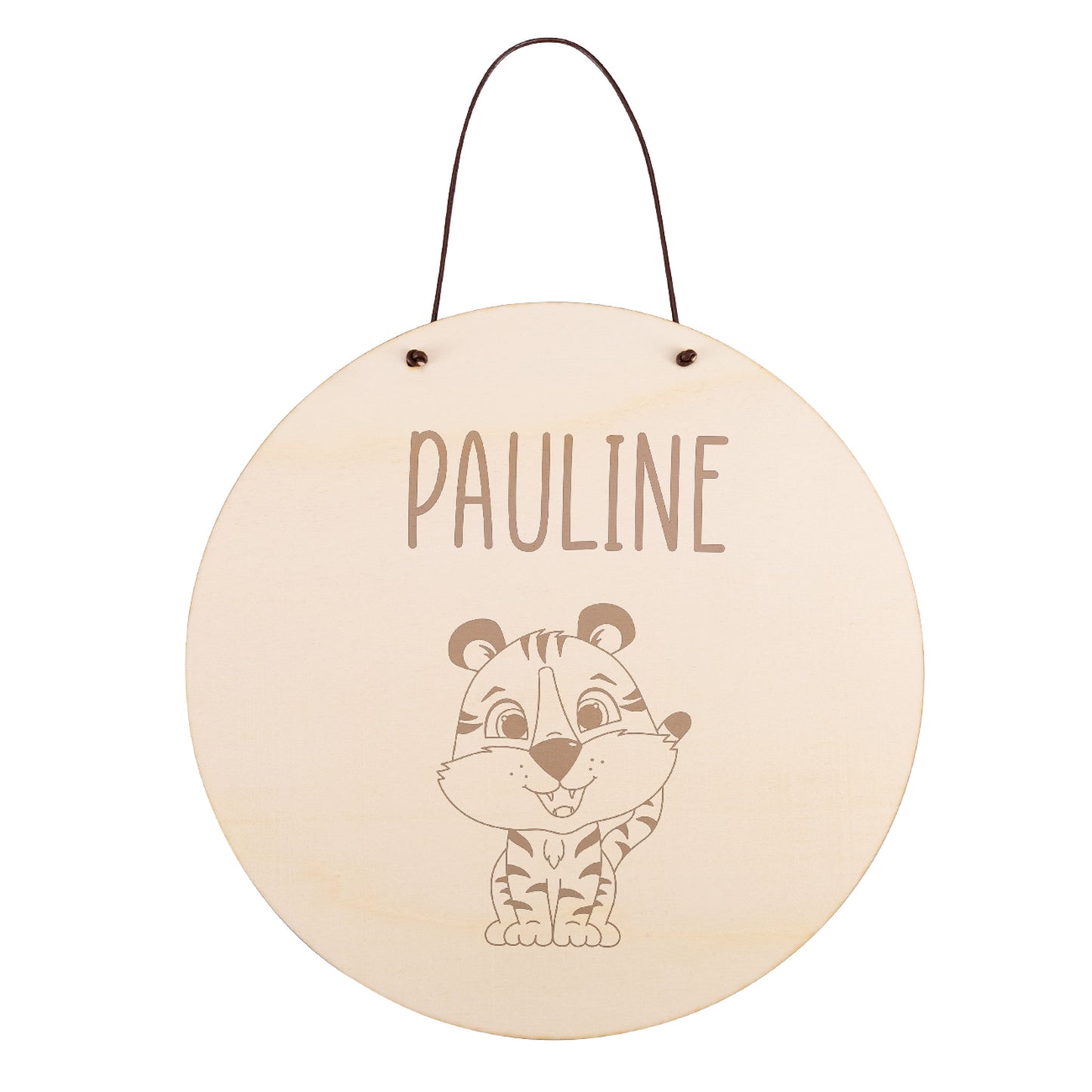 Türschild aus Holz mit Tiger-Motiv und Wunschname fürs Kinderzimmer