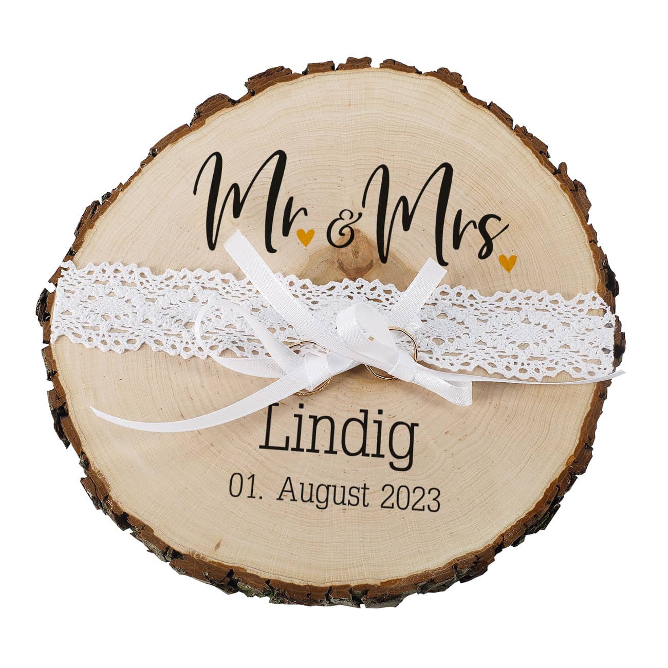 Baumscheibe mit Spitzenbordüre, Schleifen und persönlichen Mr & Mrs - Aufdruck zur Hochzeit