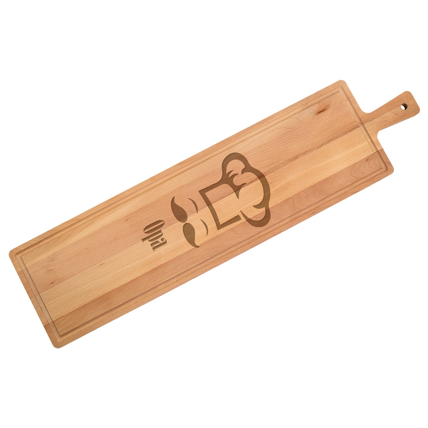 Personalisiertes XXXL Servierbrett aus gedämpftem Buchenholz - graviert mit Name und Chefkoch-Motiv