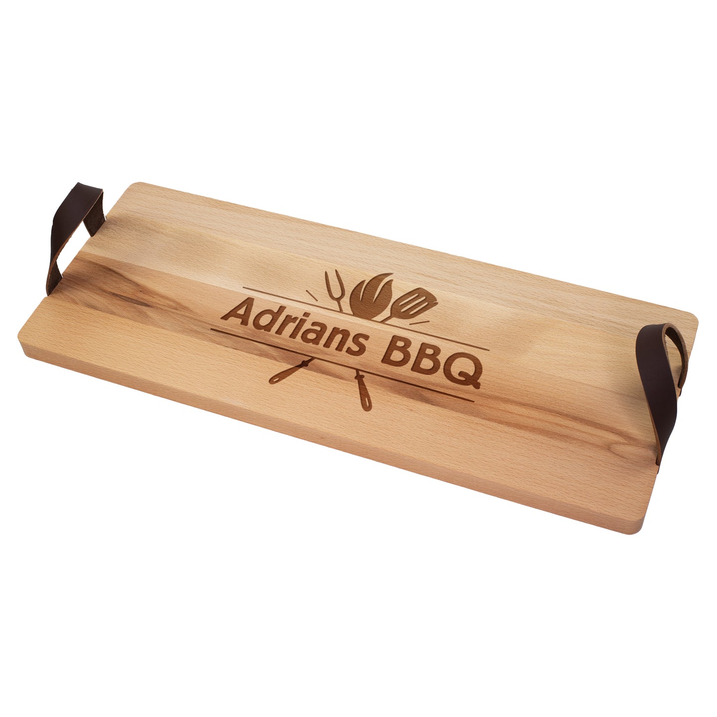 Holz-Servierbrett mit Grillmotiv und Wunschtext, Ansicht mit beiden Ledergriffen