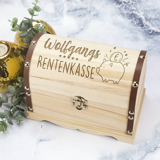 Schatztruhe "Rentenkasse" mit personalisierter Gravur als Geschenk zur Rente