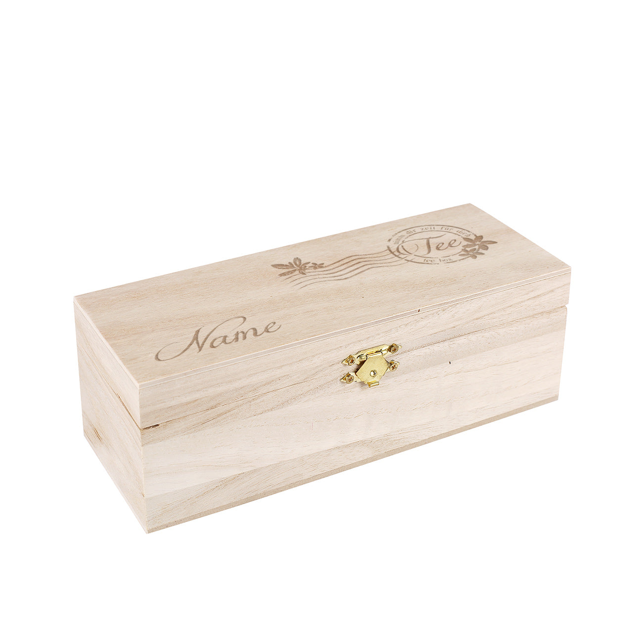 Geschlossene Holz-Teebox mit Gravur „Name“ und Teemotiv, Metallverschluss vorne sichtbar