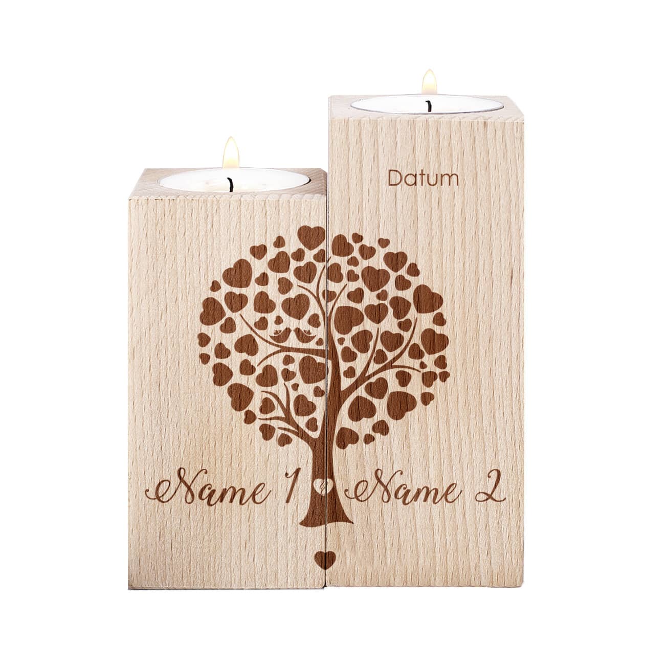 Teelichthalter aus Holz mit Herzbaum mit Namen und Datum - Hochzeitsgeschenk