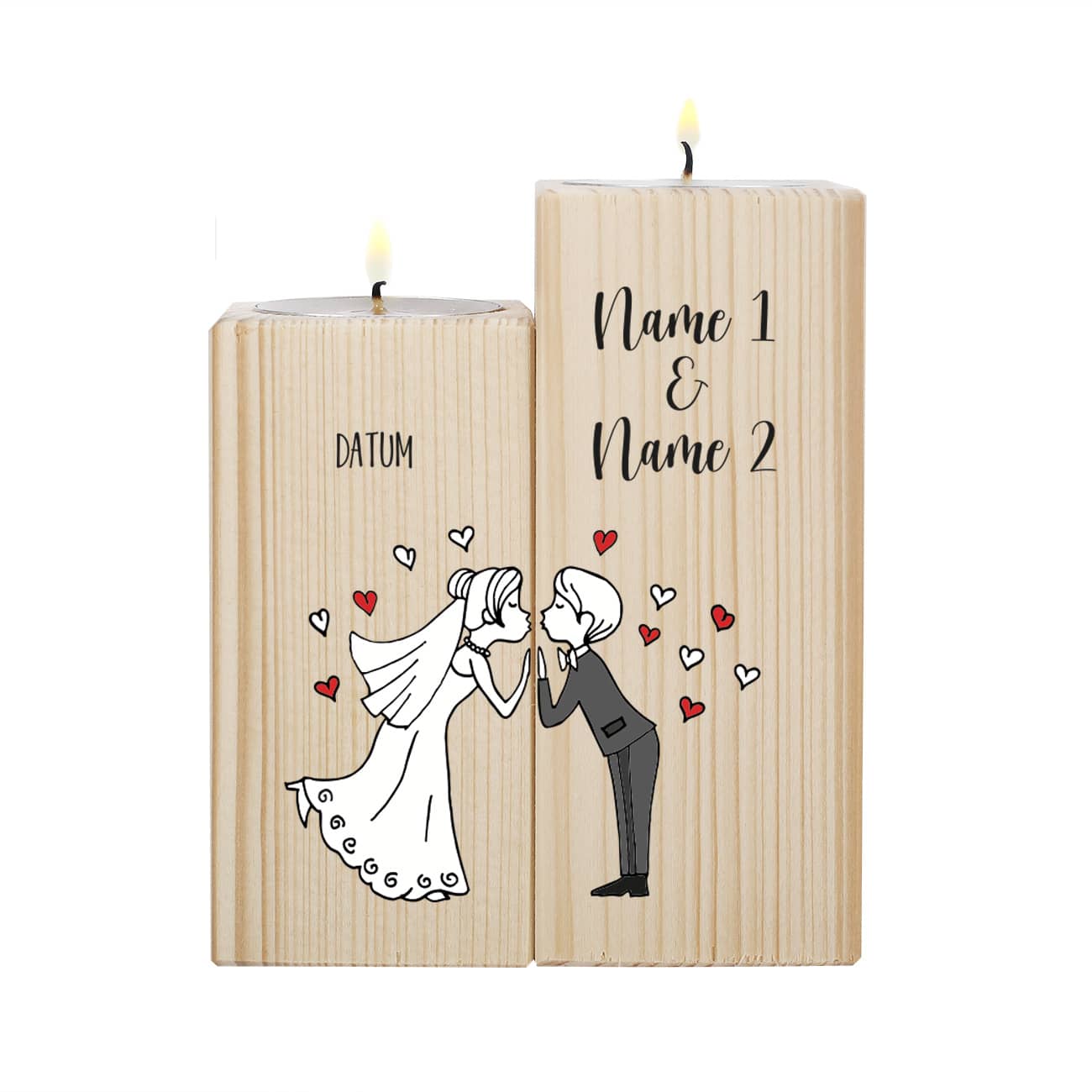 Hochzeitsgeschenk - Teelichthalter aus Holz mit Braut und Bräutigam, Namen und Datum