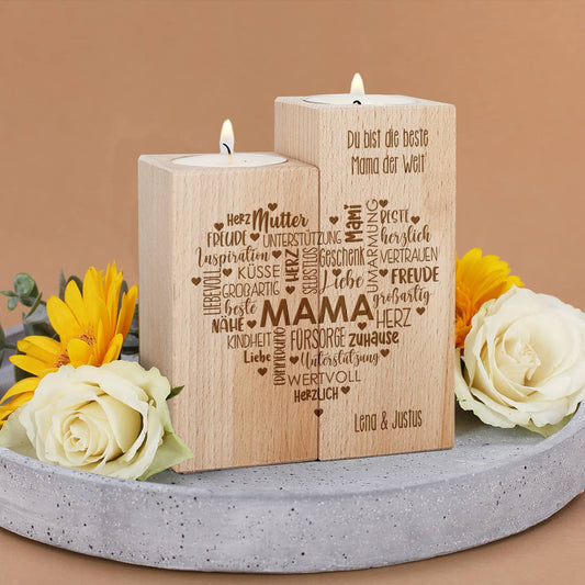 Teelichthalter aus Holz mit graviertem Mama - Herz & Wunschtext