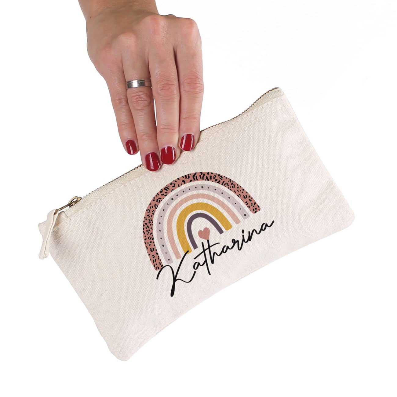 naturfarbenes Beautycase mit Regenbogen-Motiv und Name