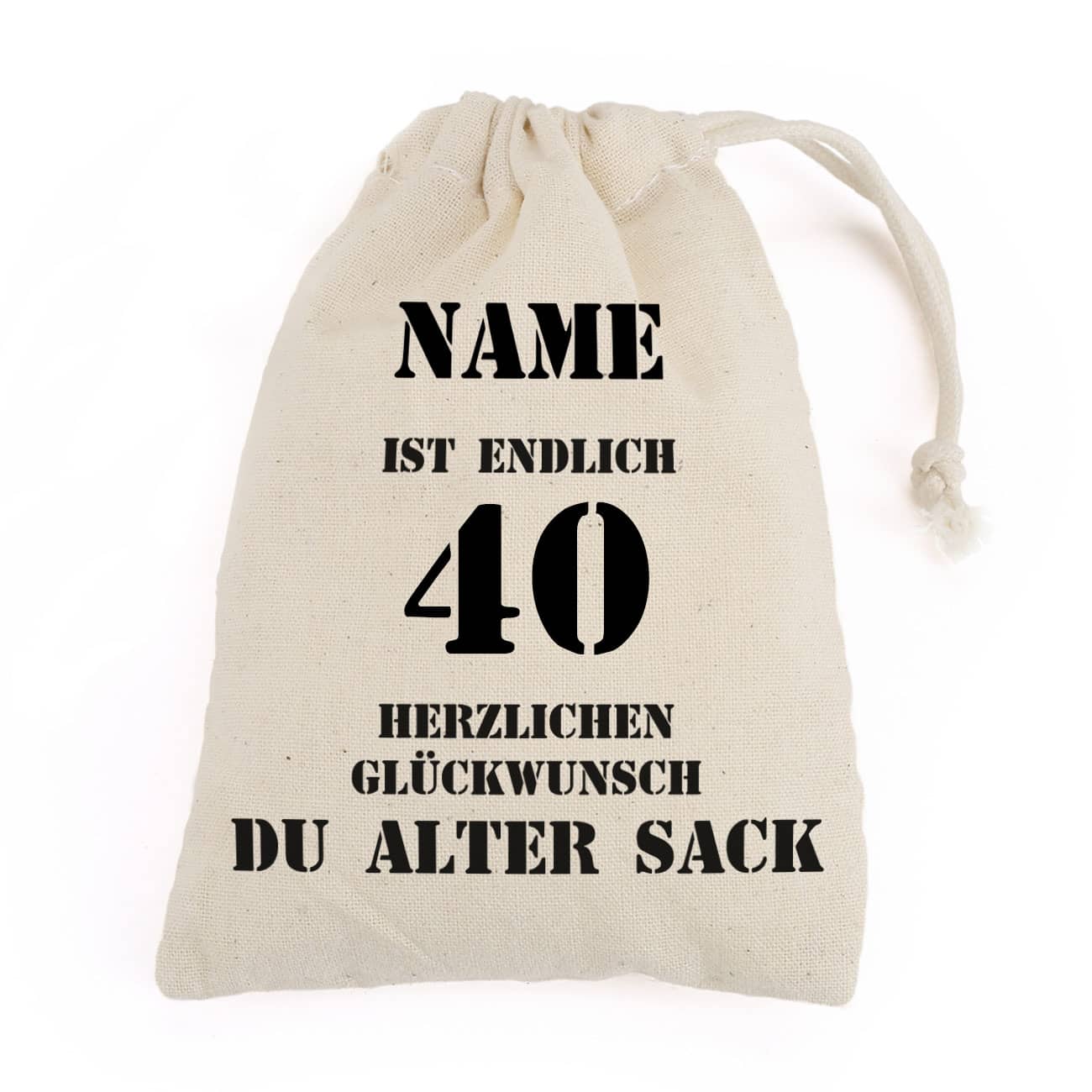 Zuziehbeutel mit Namen für einen alten Sack