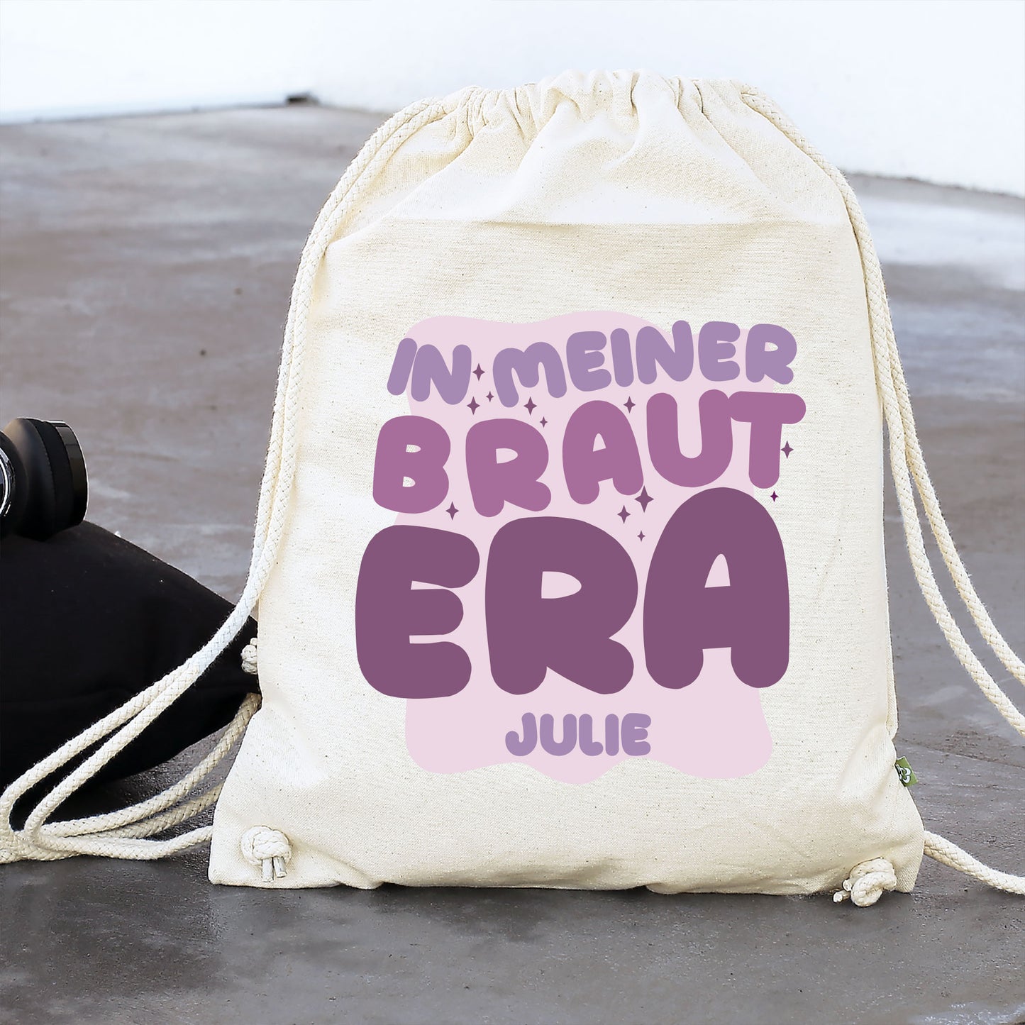 JGA Baumwoll-Rucksack mit Wunschname für die Braut-to-be | Schwarz & Natur