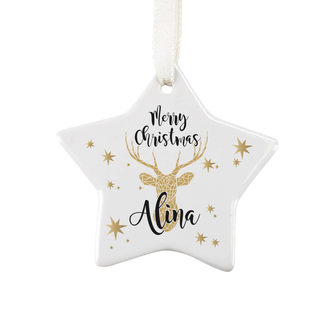 Moderner Christbaumschmuck mit Rentier und Ihrem Wunschnamen