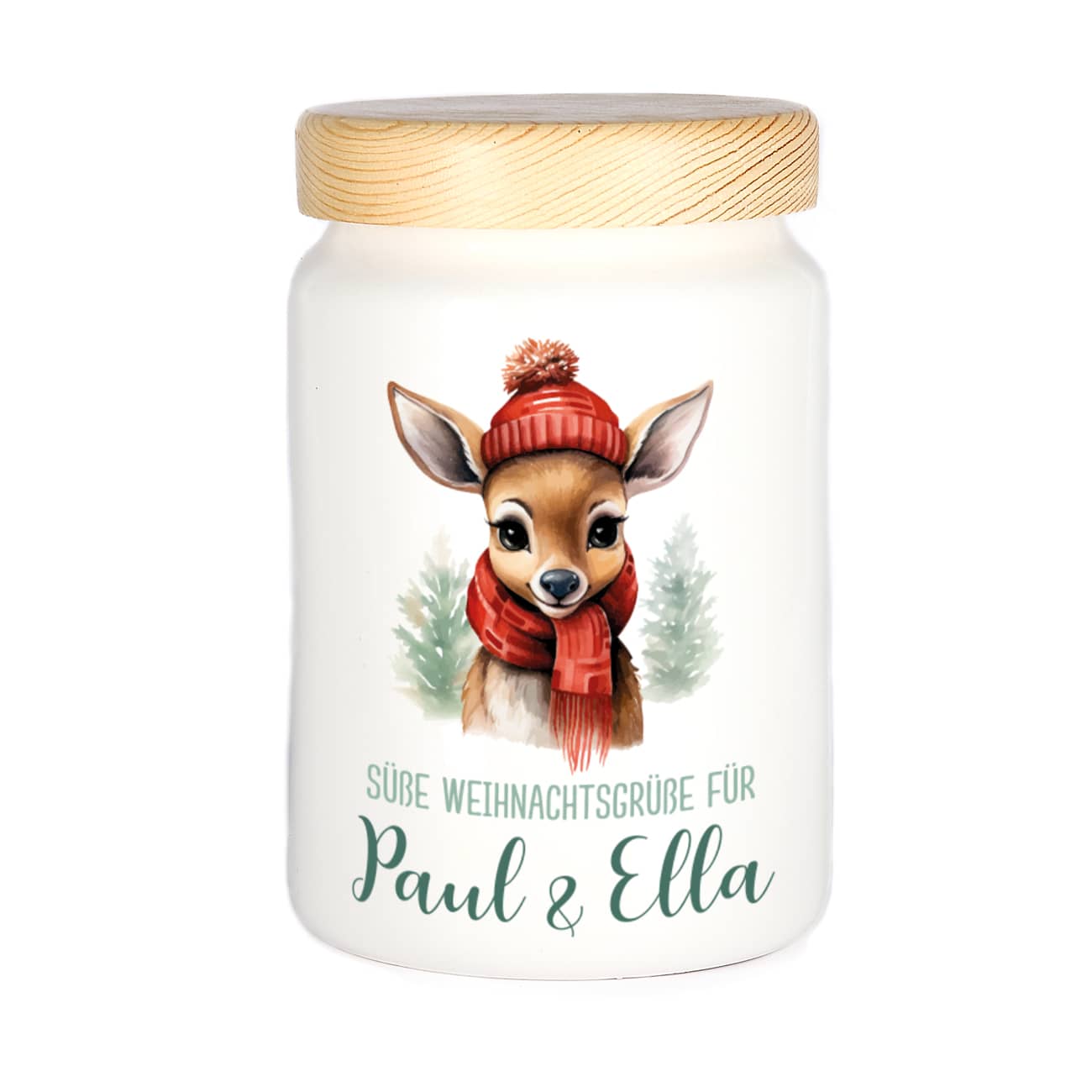 Weihnachts-Dose mit Rentier, Wunschtext & Name