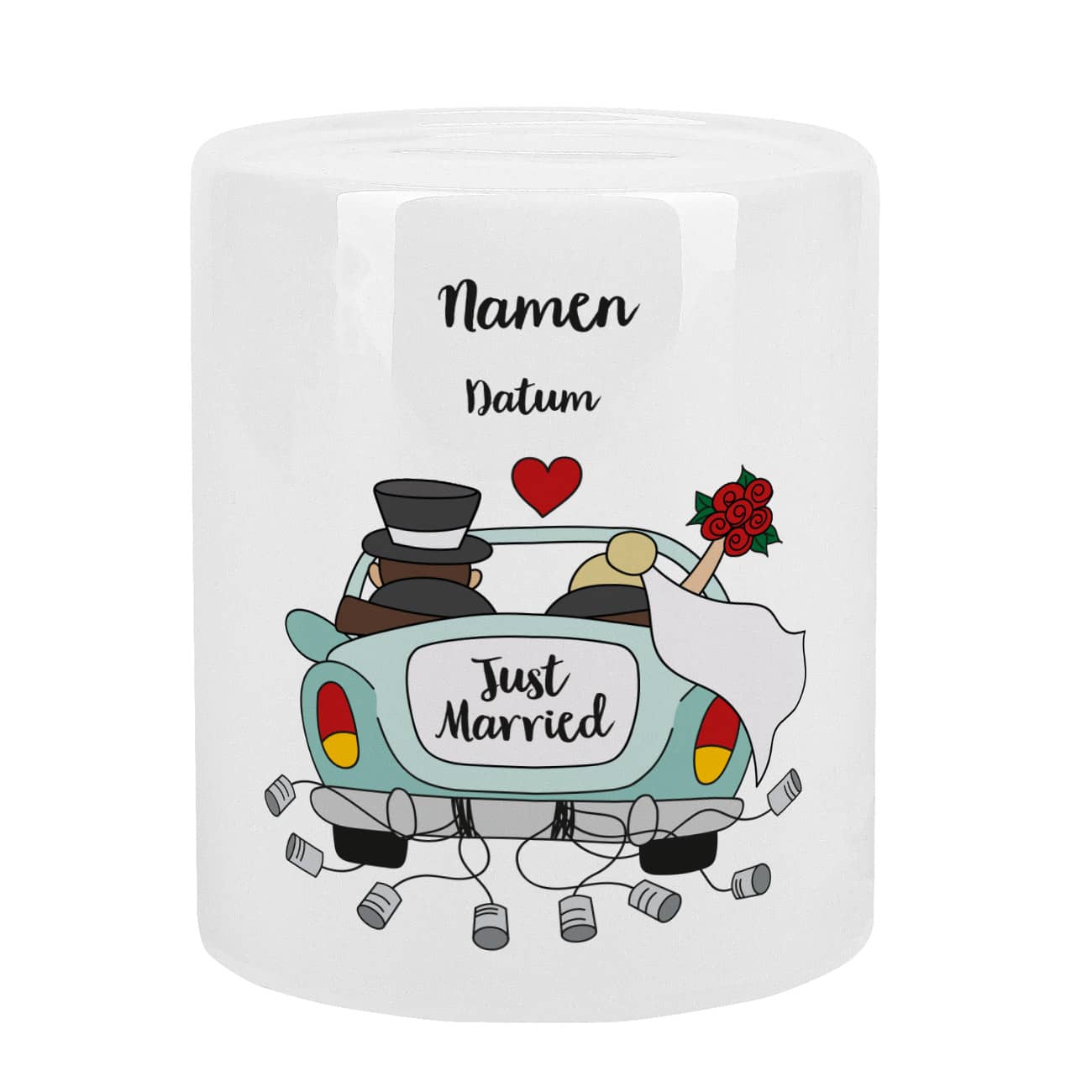 Keramikspardose mit Motiv bestehend aus Hochzeitsauto, Namen und Datum bedruckt