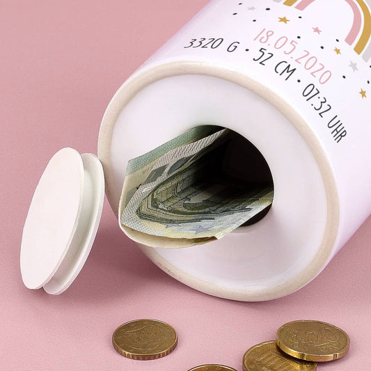 Spardose mit Regenbogen zur Geburt für Mädchen