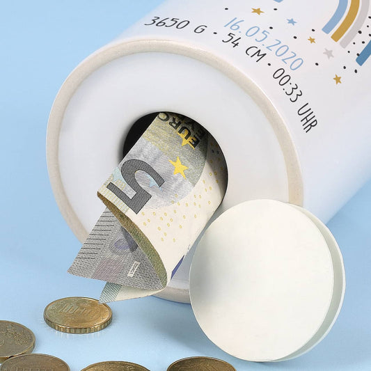 Spardose mit Regenbogen zur Geburt von Jungen