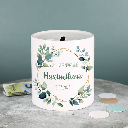 Edles Eukalyptusmotiv auf weißer Keramik