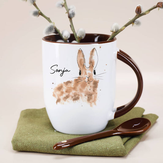 Tasse mit integriertem Löffel und Watercolor Hase und Name bedruckt
