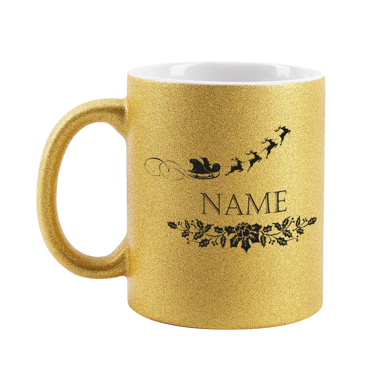 Goldene Glitzertasse zu Weihnachten mit Name bedruckt