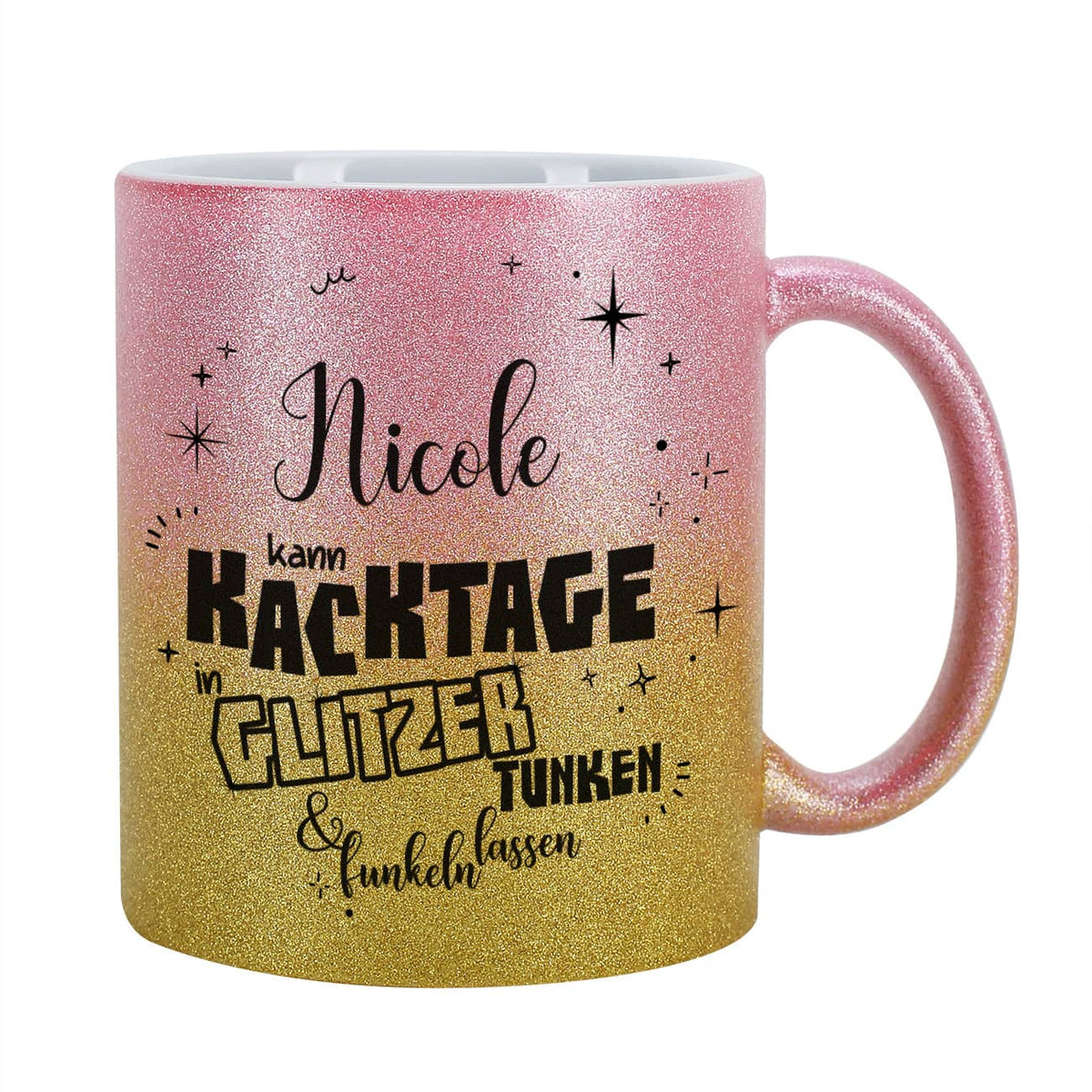 Glitzertasse Pink-Gold - kann Kacktage in Glitzer tunken und funkeln lassen - mit Name