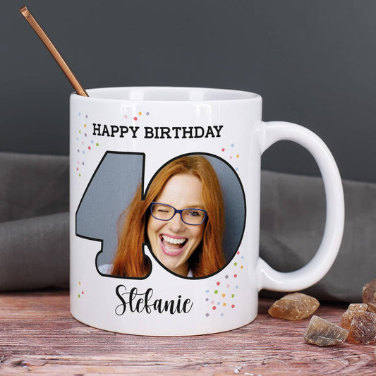 Fototasse zum 40. Geburtstag mit Name und Happy Birthday
