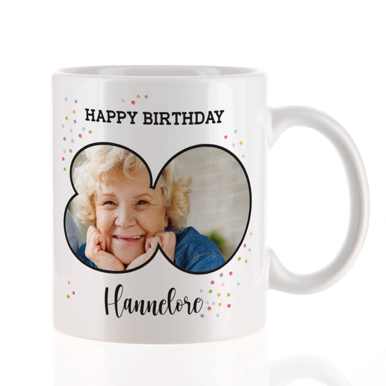 Happy Birthday-Fototasse zum 80. Geburtstag mit Name und Konfetti