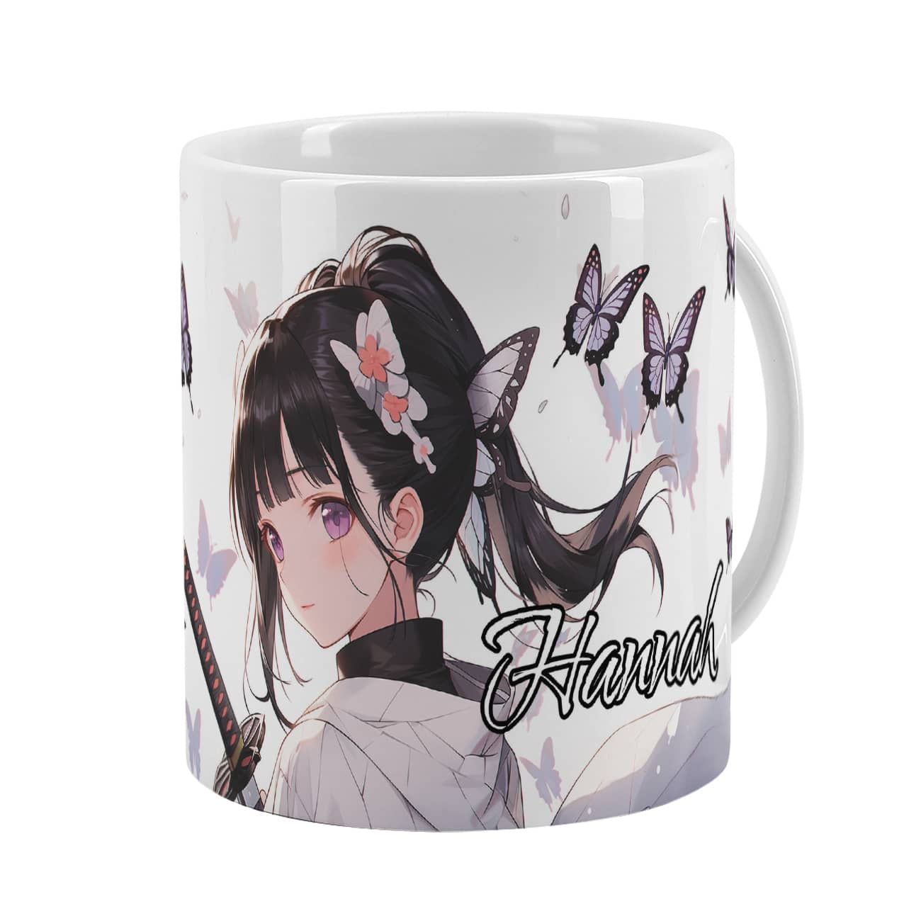 Hübsche Keramiktasse für Anime-Fans mit Schwertkriegerin und Schmetterlingen