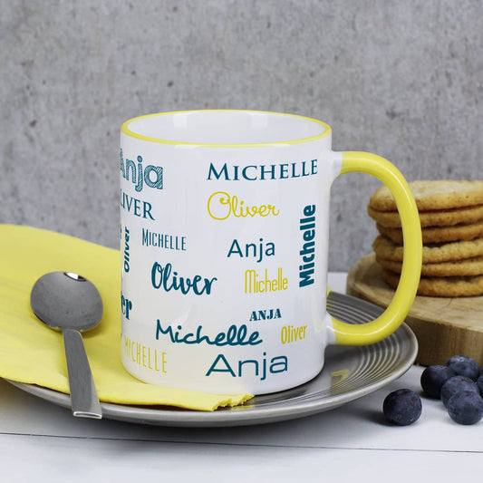 gelbe Familientasse mit drei Namen