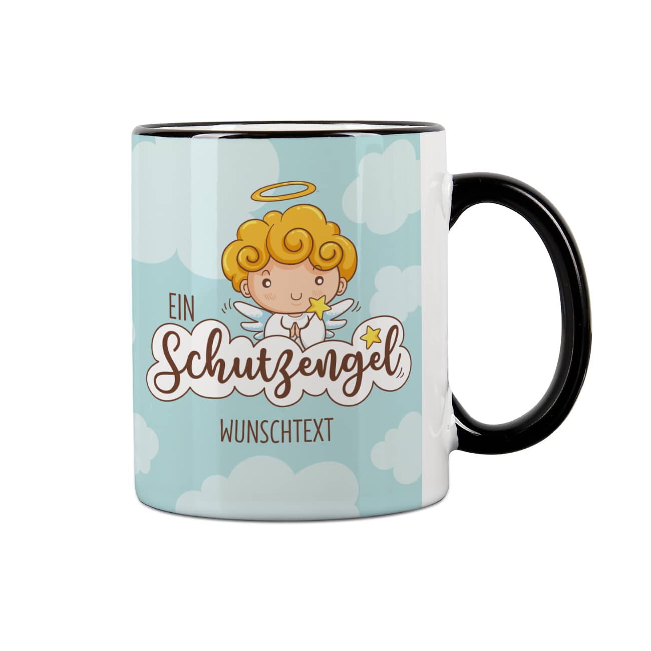 Ihr Wunschtext auf einer weißen Keramiktasse mit Schutzengelmotiv