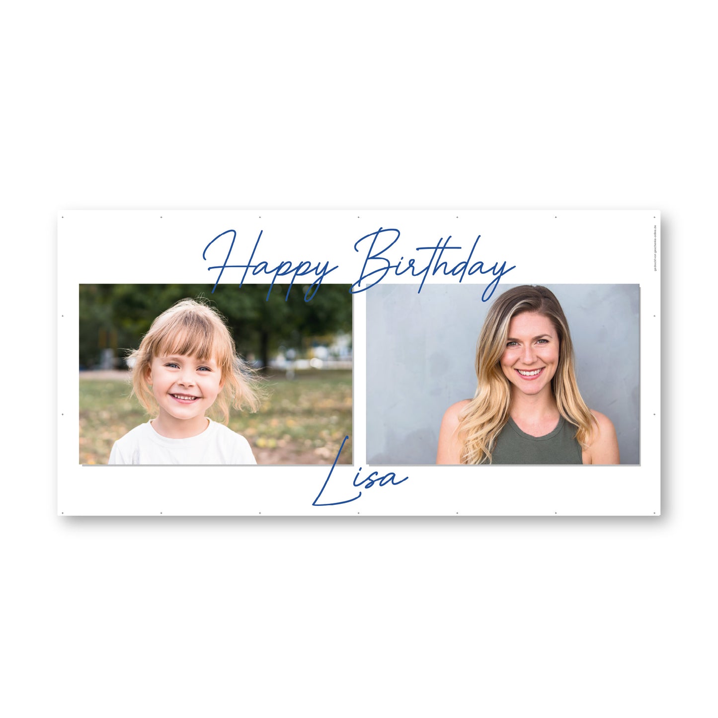 Freigestelltes XXXL Bauzaunbanner zum Geburtstag mit zwei Fotos, Happy Birthday Schriftzug und Name