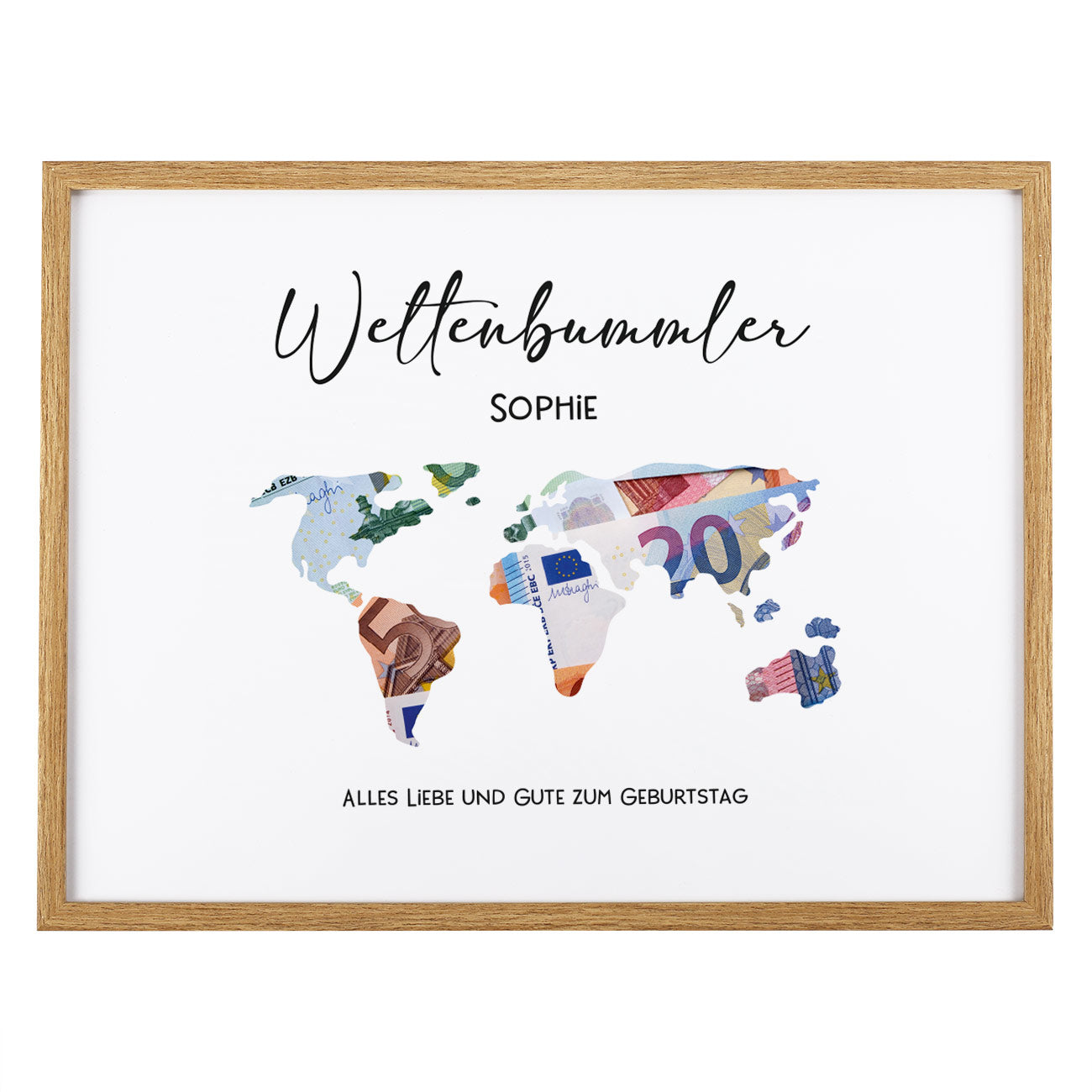Geldgeschenk Weltkarte im Bilderrahmen zum Geburtstag für Weltreisende