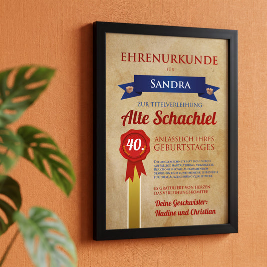 Urkunde für alte Schachteln mit Name, Alter und Glückwünsche für das Geburtstagskind