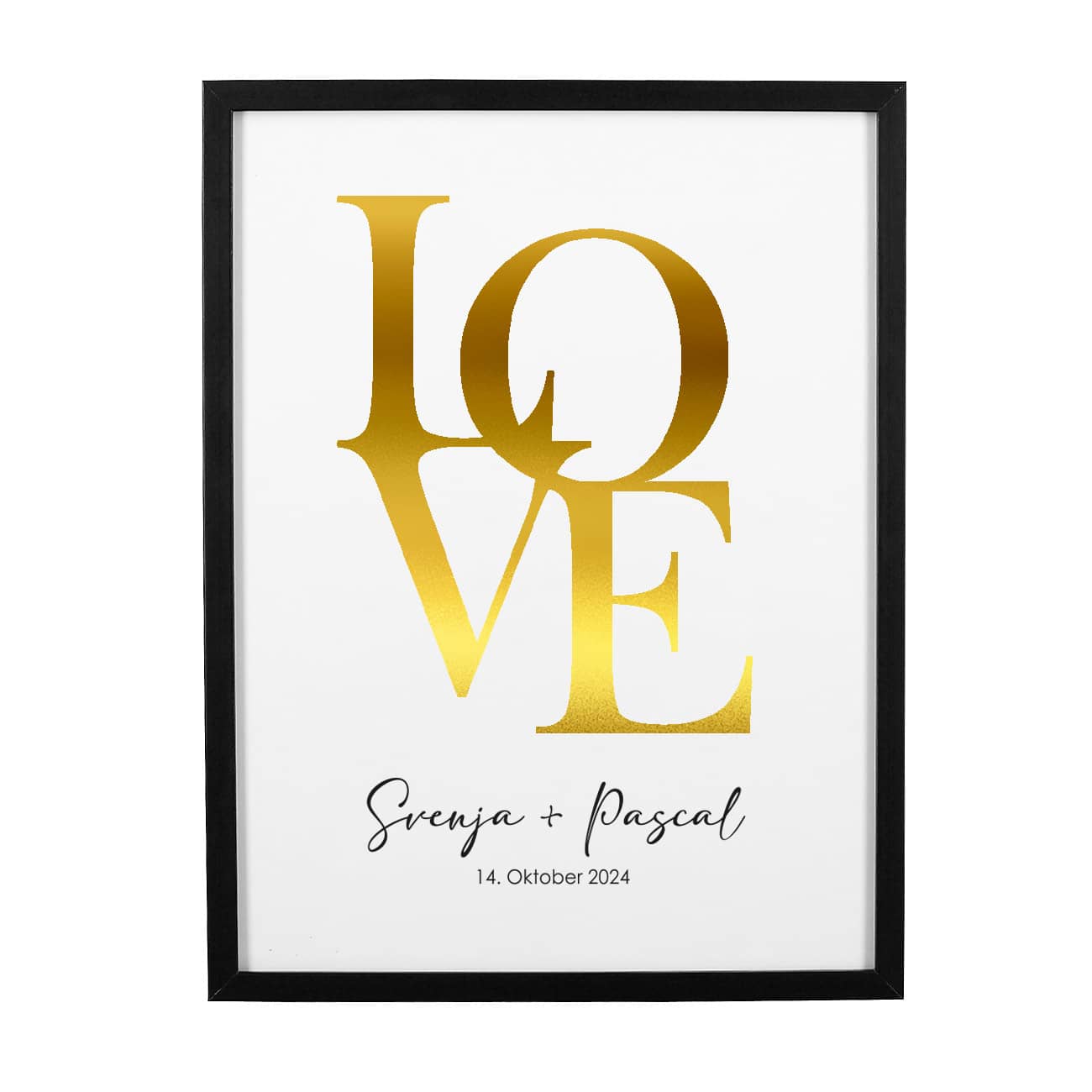 Hochzeitsgeschenk - LOVE vergoldetes Poster im Rahmen mit Namen & Datum