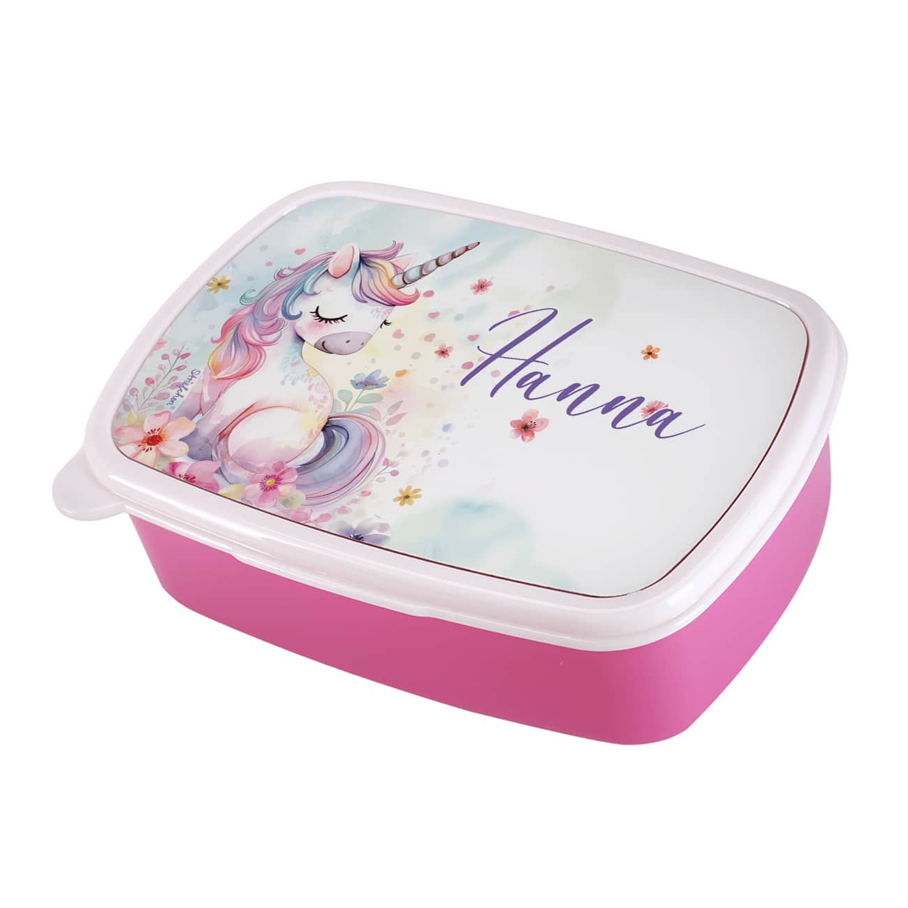 Einhorn Brotdose in pink mit Ihrem Wunschnamen bedruckt