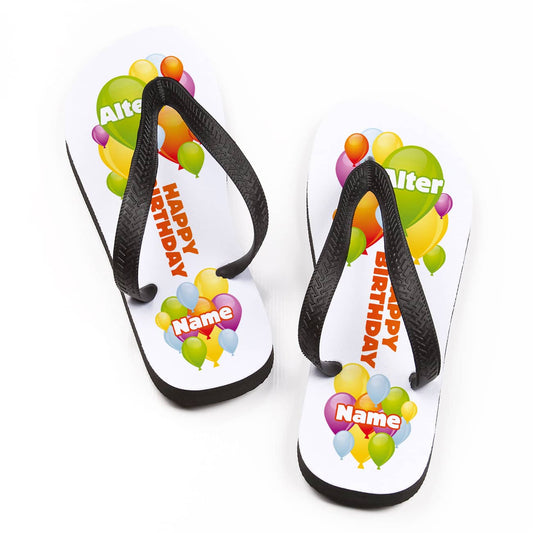 weiße Flipflops mit Happy-Birthday Motiv, Wunschalter und Wunschtext