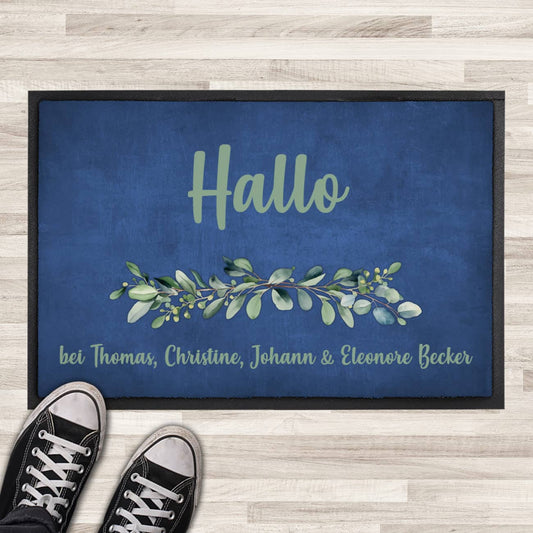 Eukalyptus-Fußmatte in blau mit Ihrem Text persönlich bedruckt