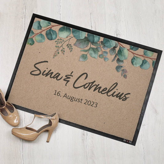 Eukalyptus Fußmatte mit Ihrem Namen und Datum - Hochzeitsgeschenk
