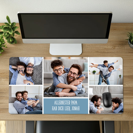 XXL Schreibtischunterlage mit 5 Fotos und Wunschtext als Geschenk für Papa