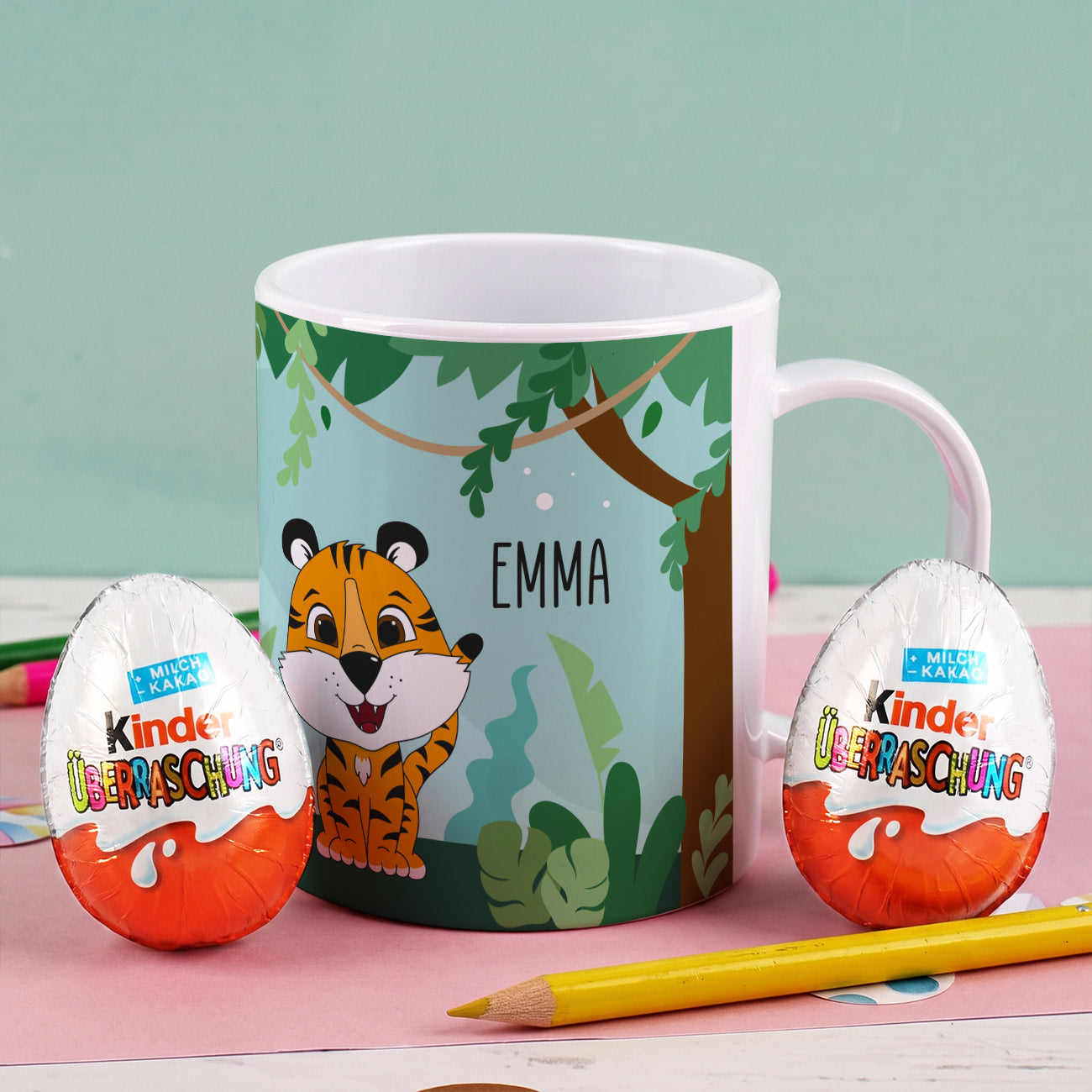 Kunststofftasse mit Dschungelmotiv, Tiger, Tucan und Ihrem Wunschnamen