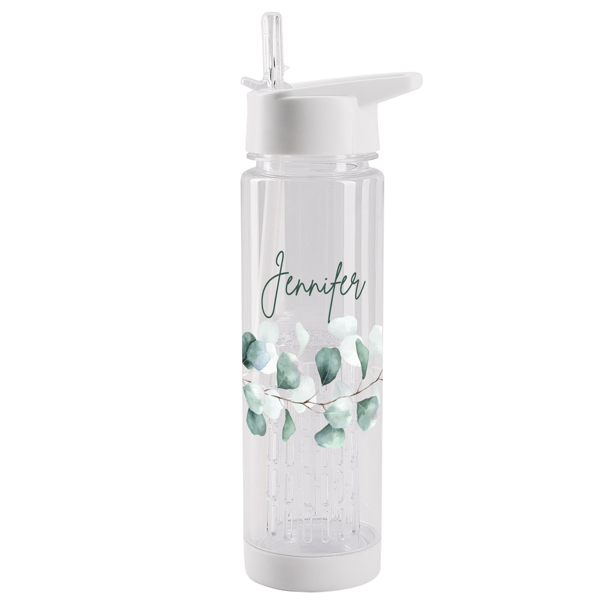 Personalisierte 740 ml Trinkflasche mit Name Jennifer, Eukalyptus-Motiv, Fruchteinsatz und weißem Trinkverschluss auf weißem Hintergrund